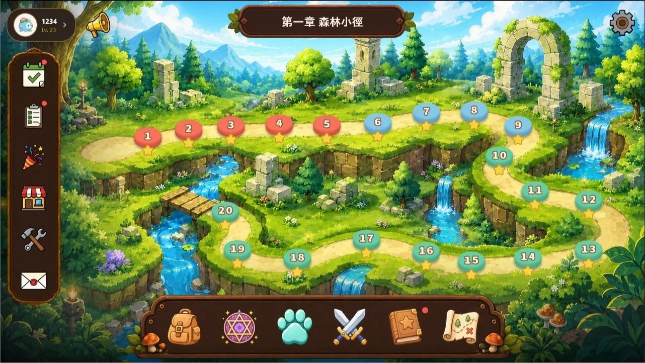 教育遊戲主畫面:第一章森林小徑關卡地圖